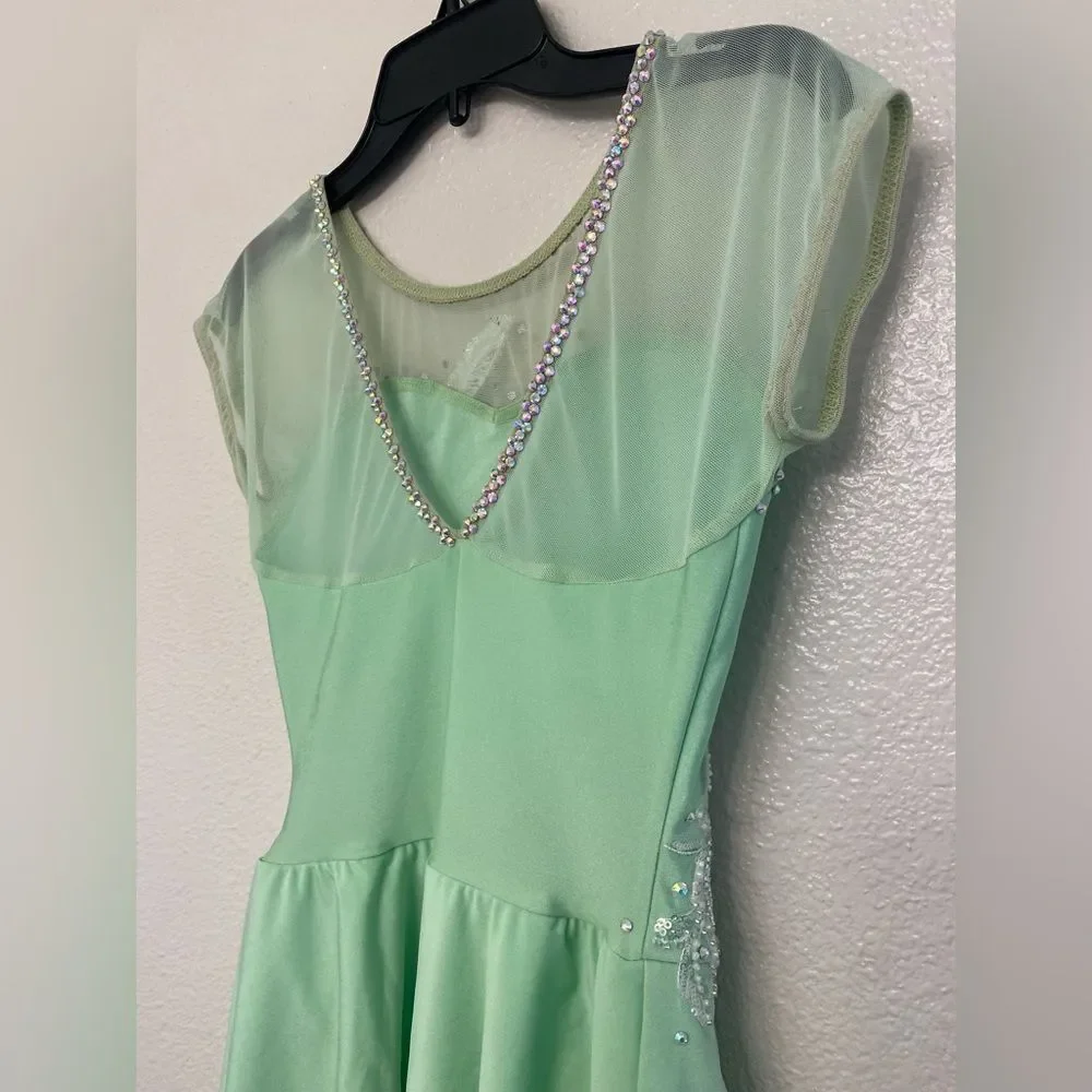 Custom solo dance ice skating ballet costume mint green pastel rhinestoned LC